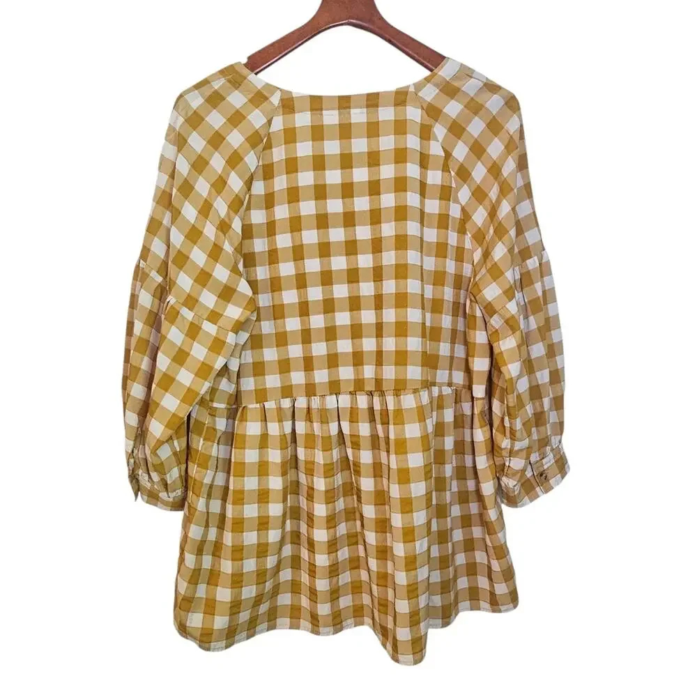 Maeve by Anthropologie April Gingham Mustard Yellow & White Boho Babydoll Blouse